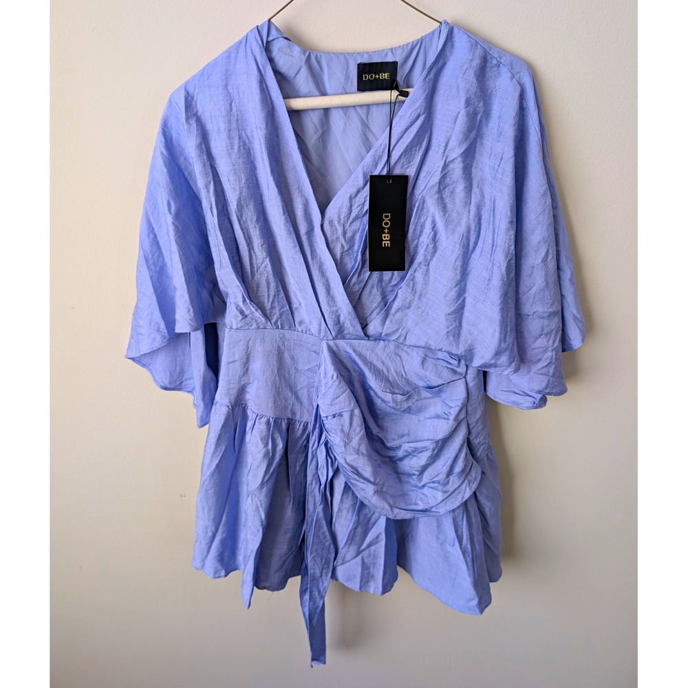DO+BE Blue Solid V-Neck Kimono Sleeve Tie Romper Womens Large Rayon NEW